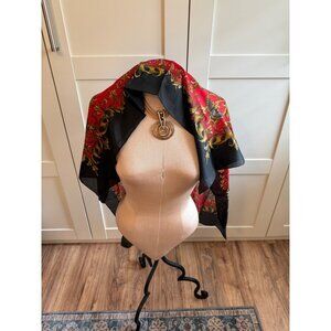 VTG Trinchetto Handrolled 100% Silk Scarf Ornate Red Black Baroque Print Design